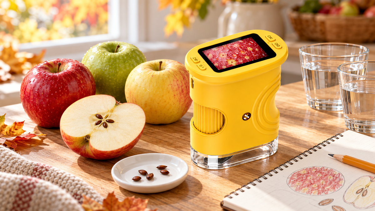 Yellow Peekorascope kids digital microscope with red, green and yellow apples, an apple half, seeds and an observation notebook