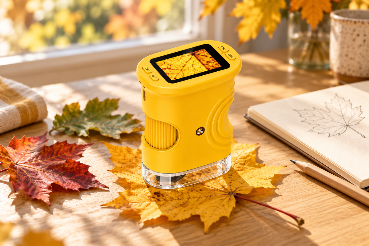Yellow PeekoraScope digital microscope beside autumn leaves and a leaf observation notebook