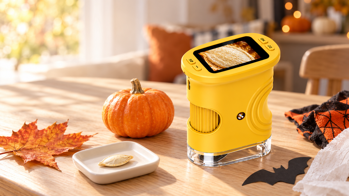 Yellow Peekorascope kids microscope with a pumpkin, seed, autumn leaf, fabric and paper bat for Halloween science activities