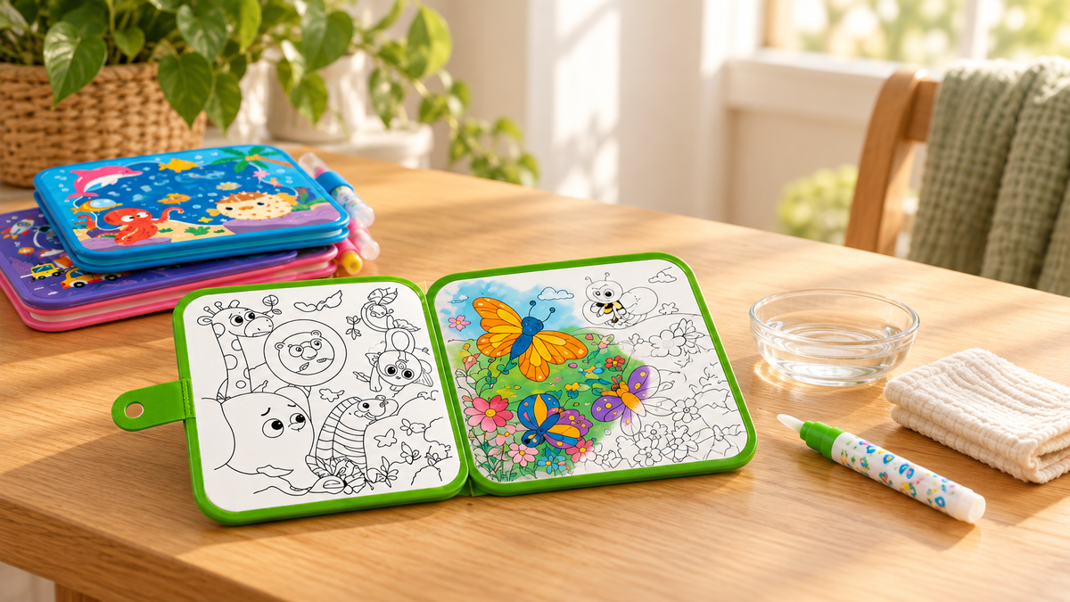 Peekora MagicReveal water coloring book showing colors appearing beside a refillable water brush