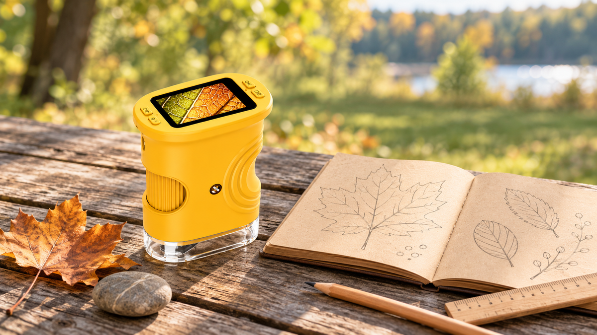 Yellow Peekorascope kids digital microscope beside an open nature journal with leaf sketches on a park table
