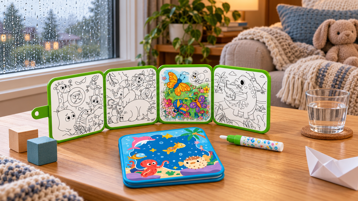 Peekora MagicReveal reusable water coloring book on a table beside a rain-streaked window with a water brush and simple indoor activities
