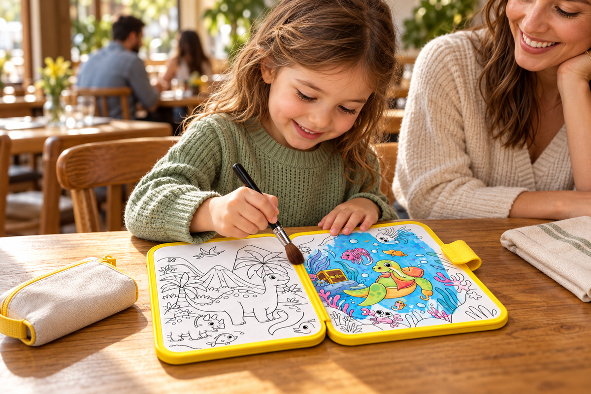 Child using a brush on a yellow water colouring book at a restaurant table beside a parent