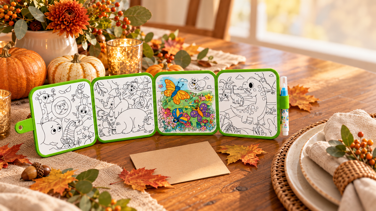 Peekora MagicReveal reusable water coloring book at a Thanksgiving table with pumpkins and autumn leaves
