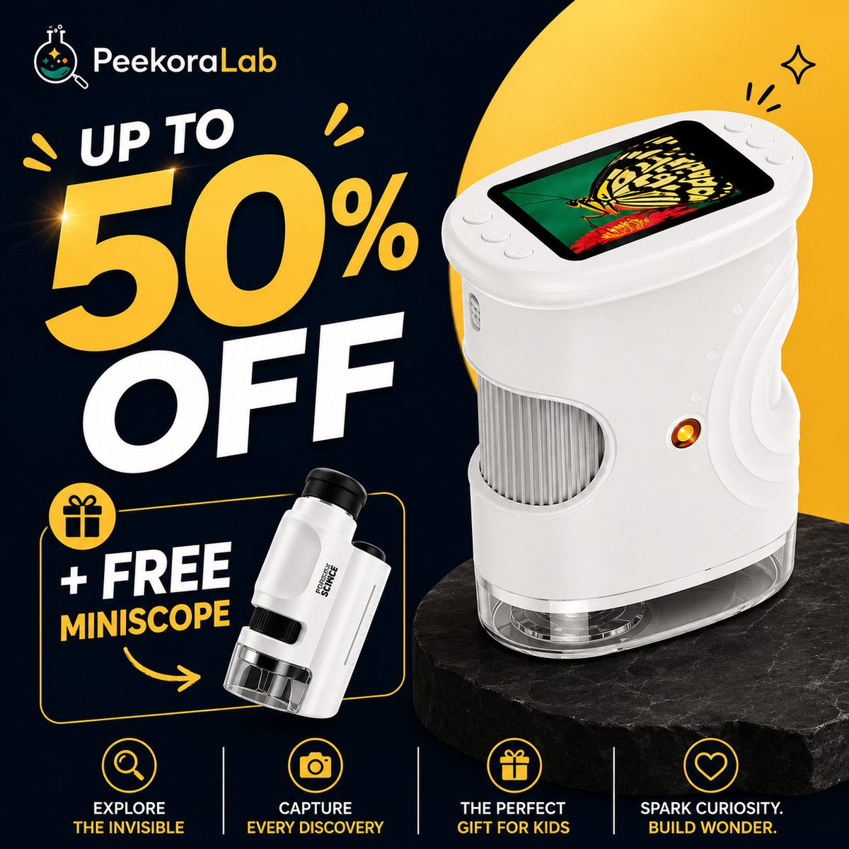 PeekoraScope Explorer™ Microscope de découverte 4K pour enfants