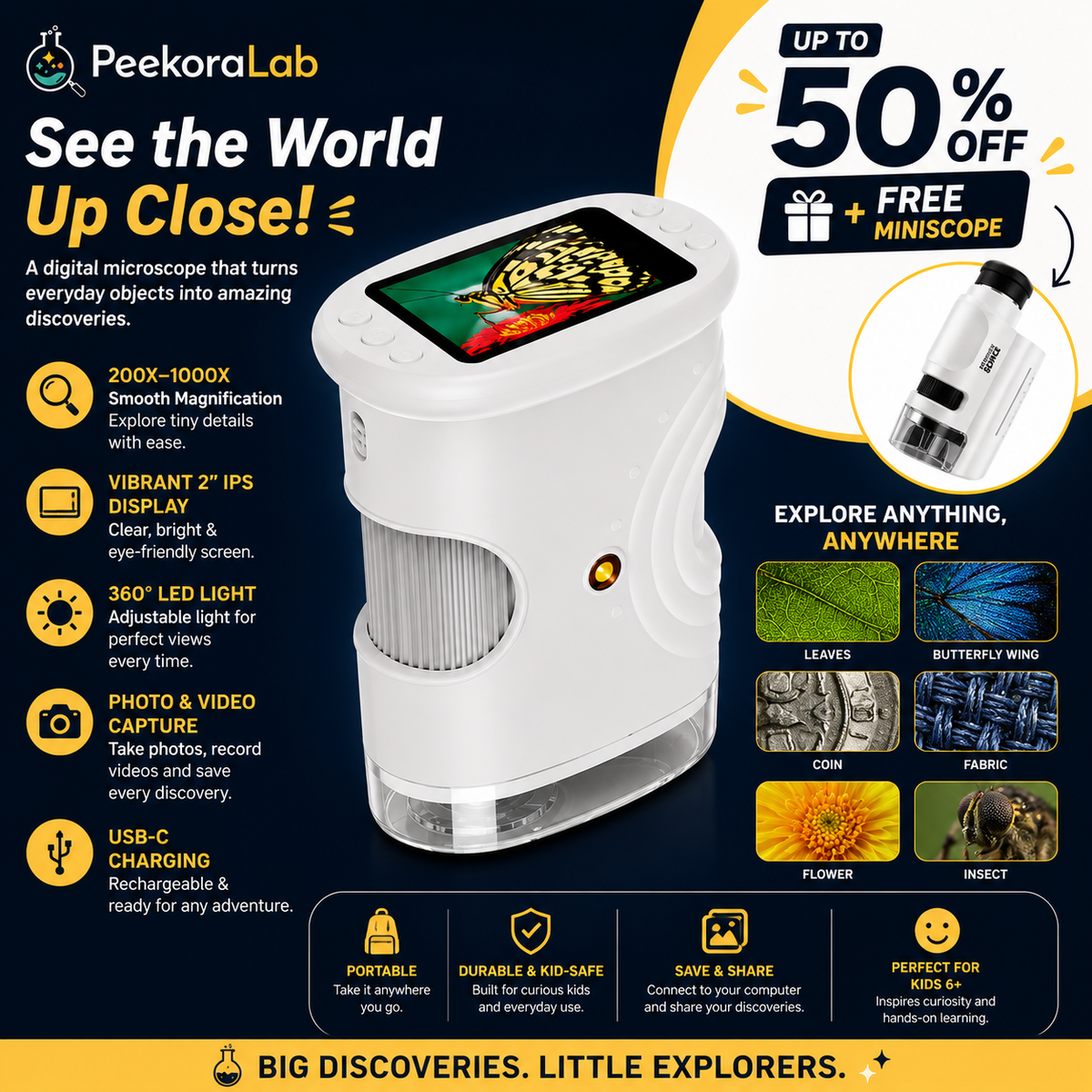 PeekoraScope Explorer™ Microscope de découverte 4K pour enfants