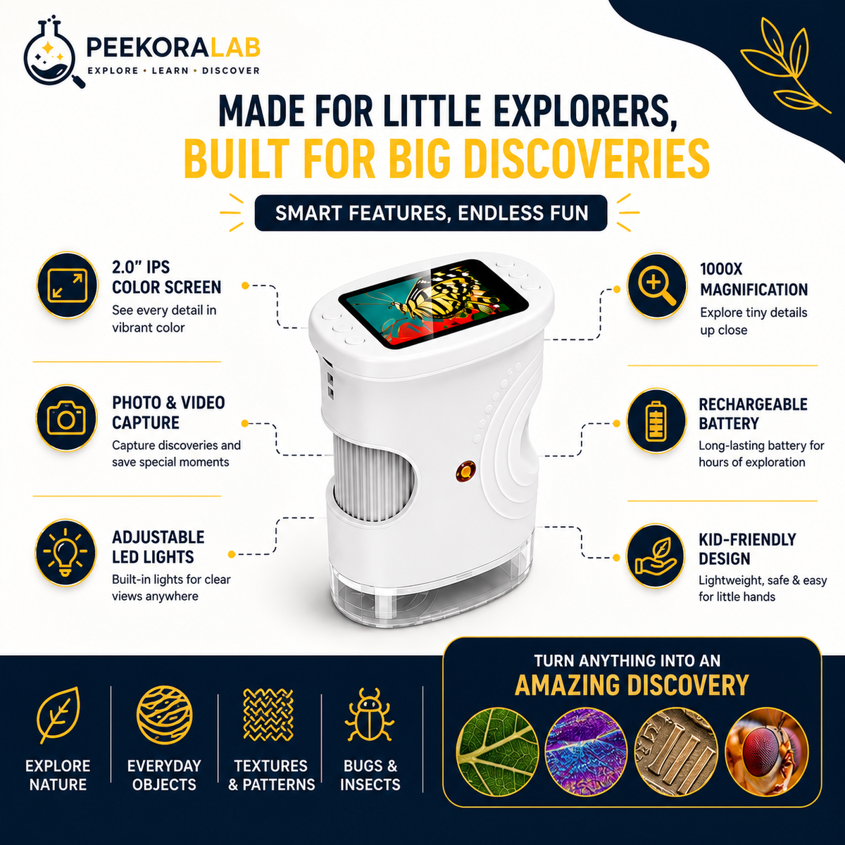 PeekoraScope Explorer™ Microscope de découverte 4K pour enfants