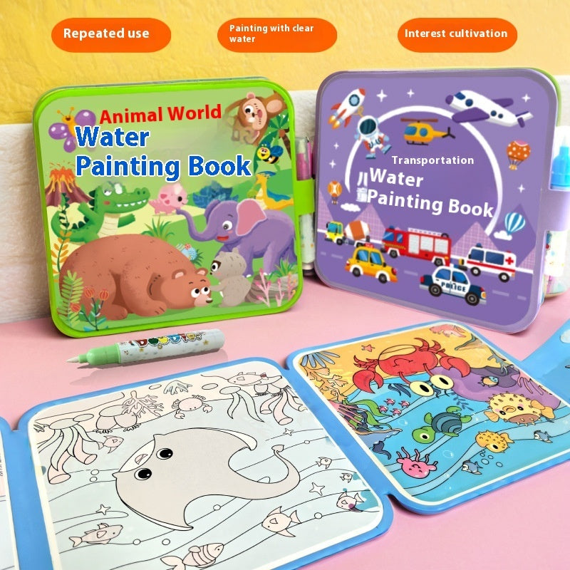 Child using a water pen to reveal colors in a reusable activity book