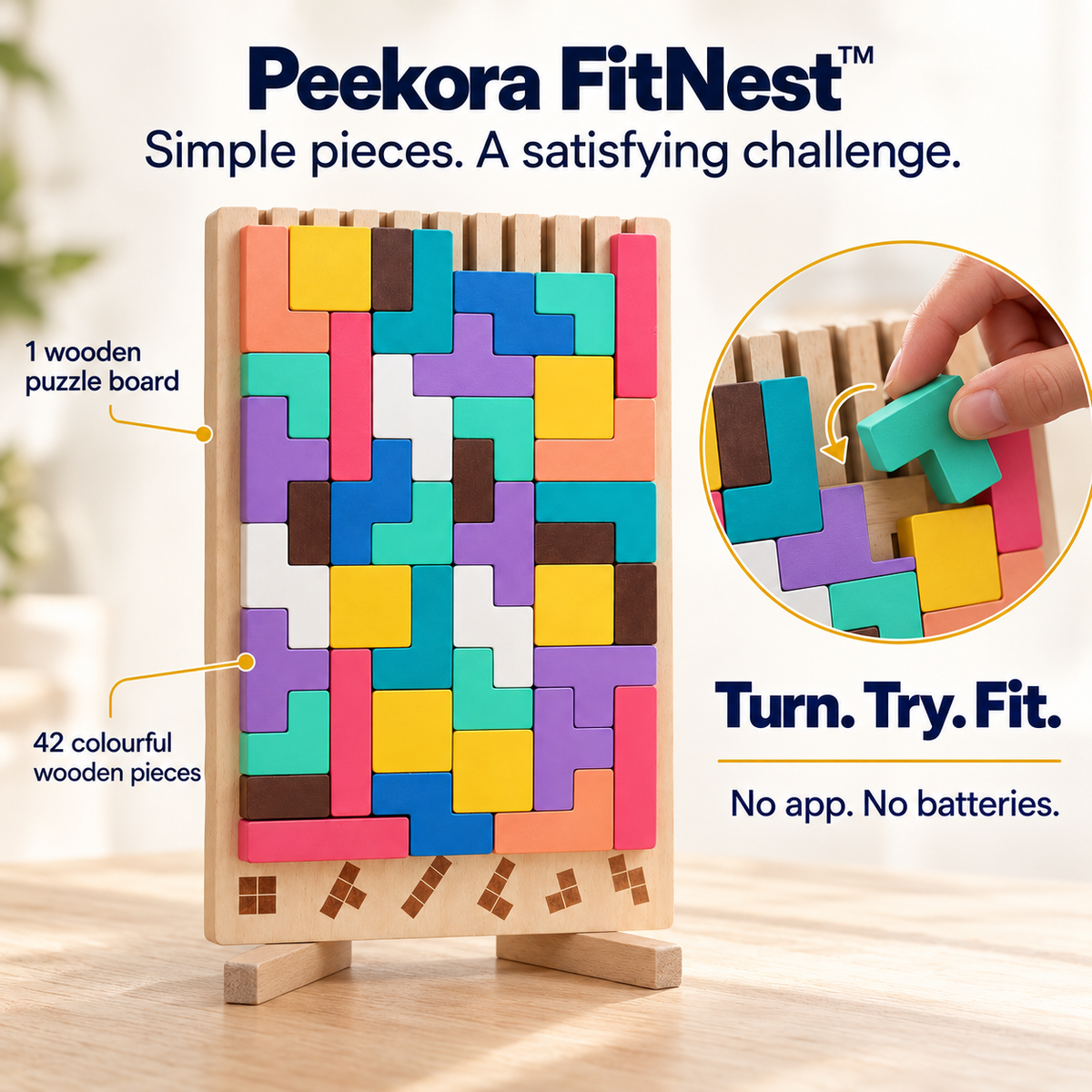 FitNest standing wooden puzzle board and 42 colourful pieces
