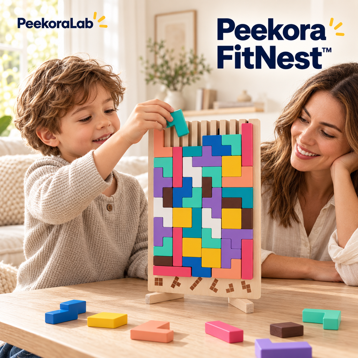 Mother and child playing with FitNest wooden puzzle