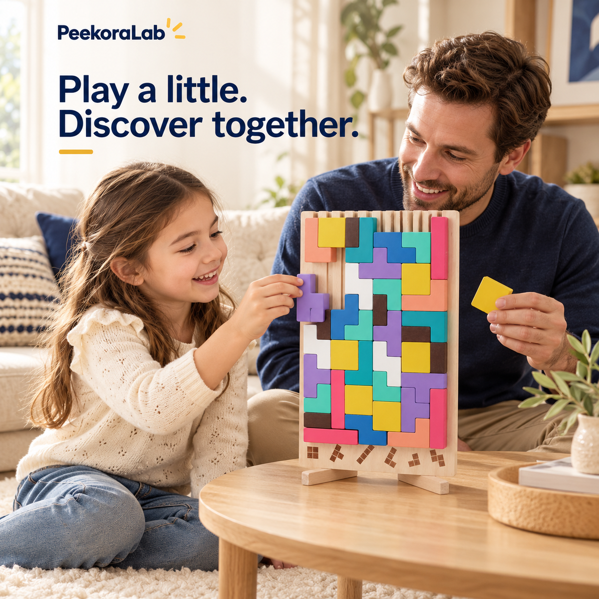 Father and child fitting colourful pieces into FitNest