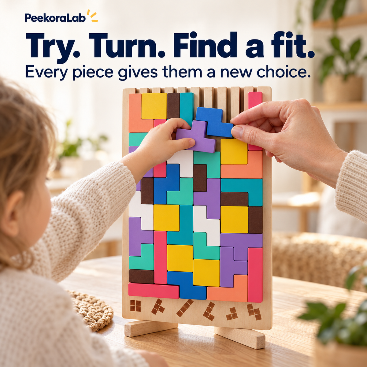 Child turning and fitting wooden FitNest pieces