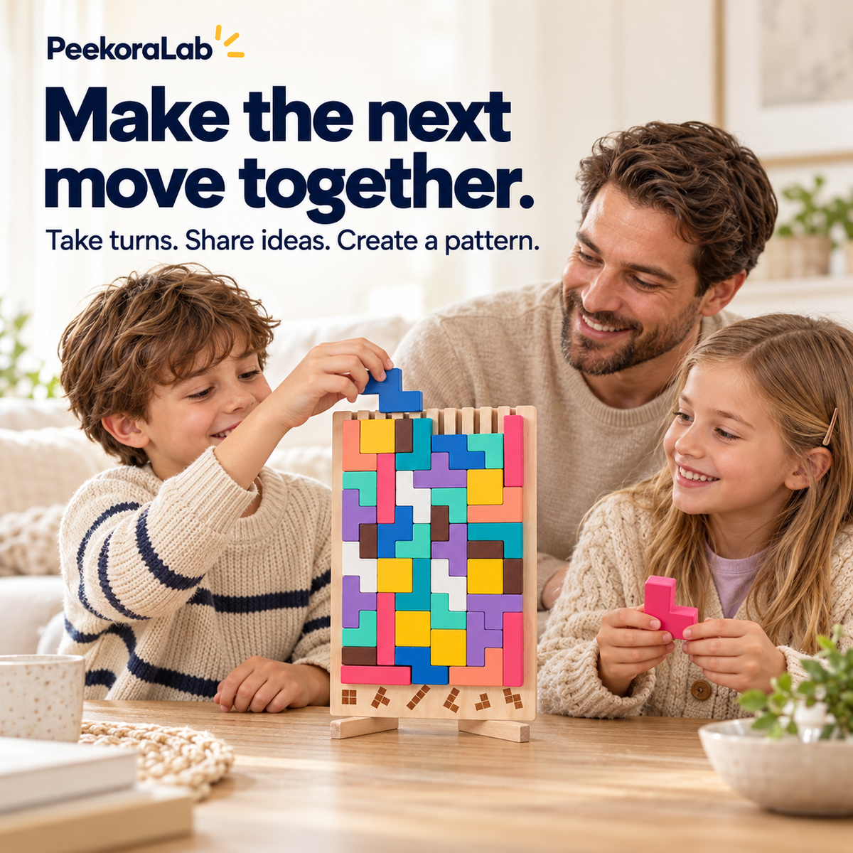 Family taking turns with FitNest wooden puzzle