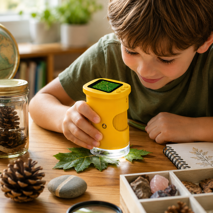 Child inspecting a coin with PeekoraScope Explorer microscope