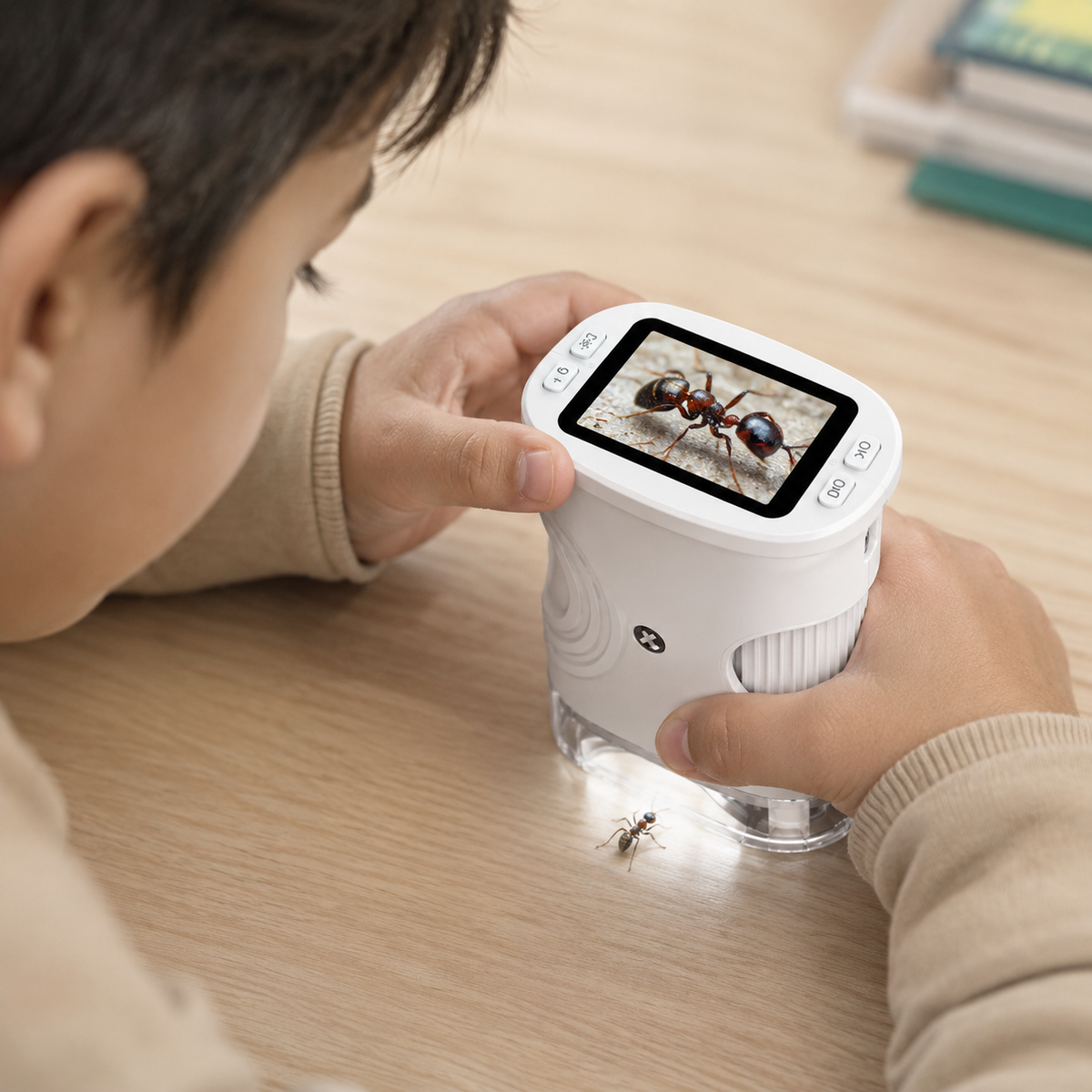 Child playing and discovering with PeekoraScope Explorer microscope