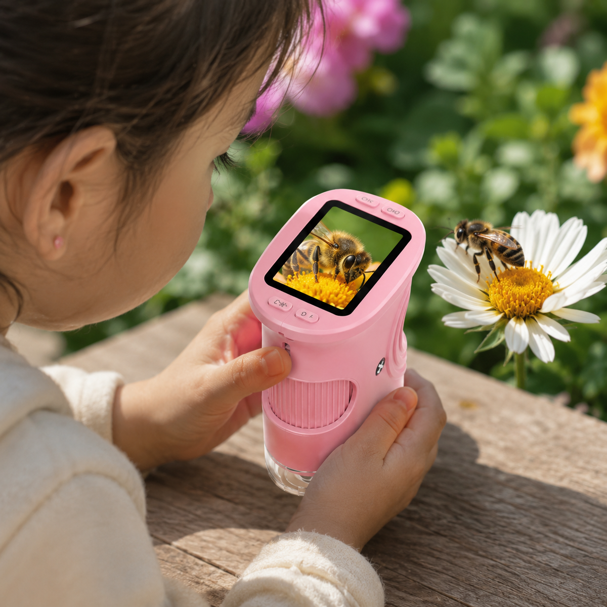 Kid exploring the world with PeekoraScope Explorer microscope
